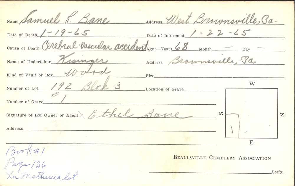 Samuel R. Bane burial card